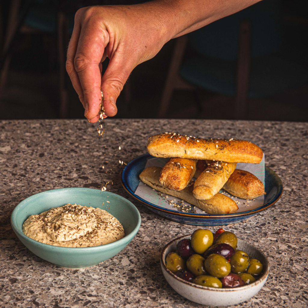 Gallio Mediterranean Restaurant London Fresh Hummus and Homemade Breadsticks with olives