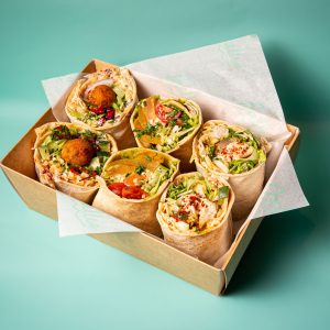 Gallio Catering Mixed Mediterranean Wrap Box Wild Mushroom & Feta, Falafel, Lamb Kofte, Grilled Mediterranean Chicken